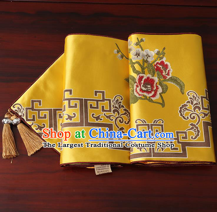 Chinese Classical Household Ornament Yellow Brocade Table Flag Traditional Handmade Embroidered Table Cloth