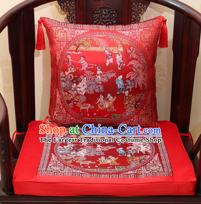Chinese Classical Household Ornament Traditional Children Pattern Red Brocade Cushion Cover and Armchair Mat Cover