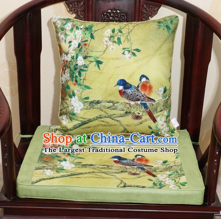 Chinese Classical Household Ornament Traditional Flowers Birds Pattern Green Brocade Cushion Cover and Armchair Mat Cover