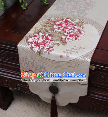 Chinese Traditional Peony Pattern Beige Brocade Table Cloth Classical Household Ornament Table Flag