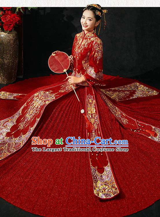 Chinese Traditional Wedding Costumes Red Xiuhe Suits Ancient Embroidered Bride Toast Full Dress for Women