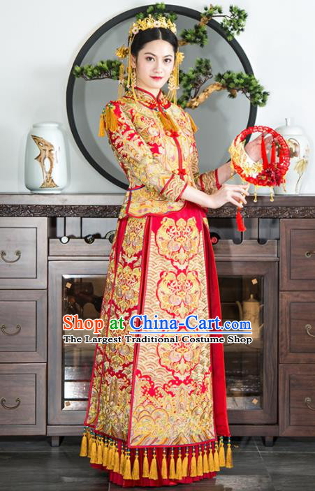 Chinese Traditional Bride Xiuhe Suits Ancient Handmade Red Embroidered Peony Wedding Dresses for Women