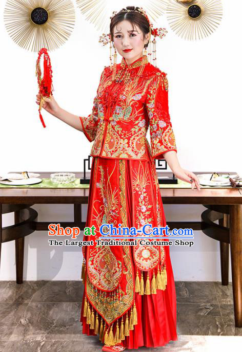 Chinese Traditional Bride Xiuhe Suits Ancient Handmade Red Embroidered Phoenix Peony Wedding Dresses for Women