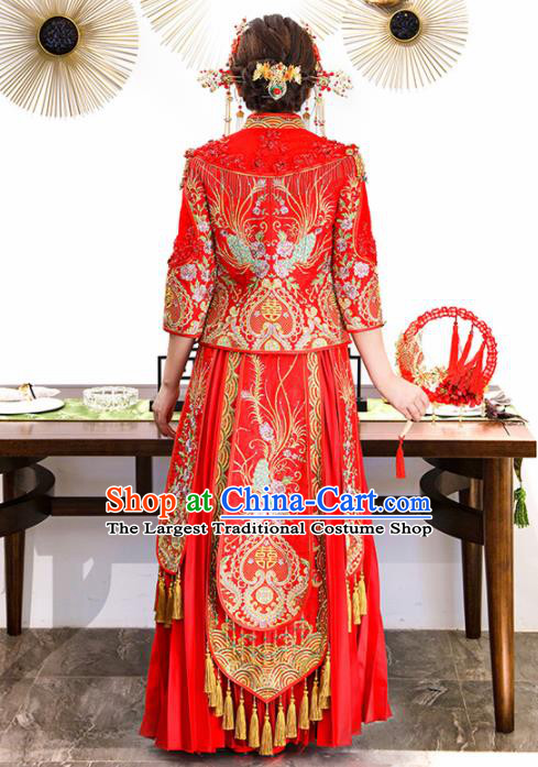 Chinese Traditional Bride Xiuhe Suits Ancient Handmade Red Embroidered Phoenix Peony Wedding Dresses for Women