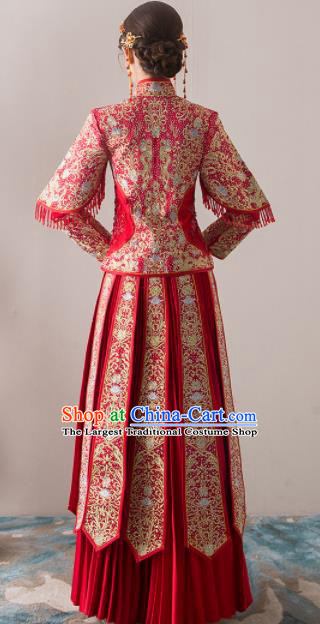 Chinese Traditional Bride Embroidered Diamante Xiuhe Suits Ancient Handmade Red Wedding Dresses for Women