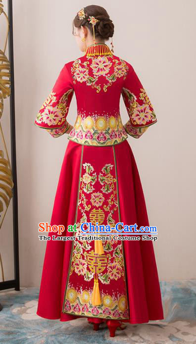 Chinese Traditional Bride Embroidered Peony Cheongsam Ancient Handmade Xiuhe Suits Wedding Dress for Women