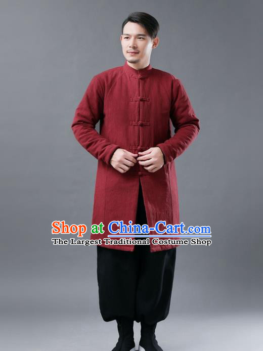 Chinese Traditional Costume Tang Suits Red Cotton Padded Coat National Navy Mandarin Shirt for Men