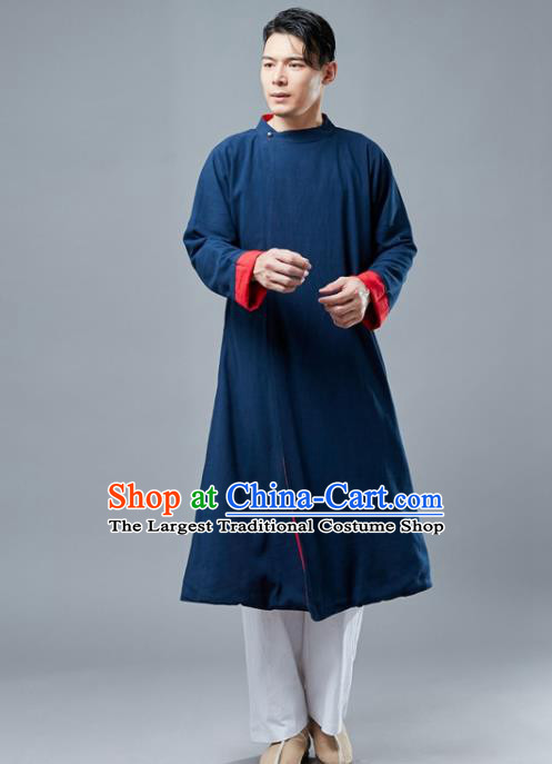 Chinese Traditional Costume Tang Suits Navy Gown National Mandarin Robe for Men
