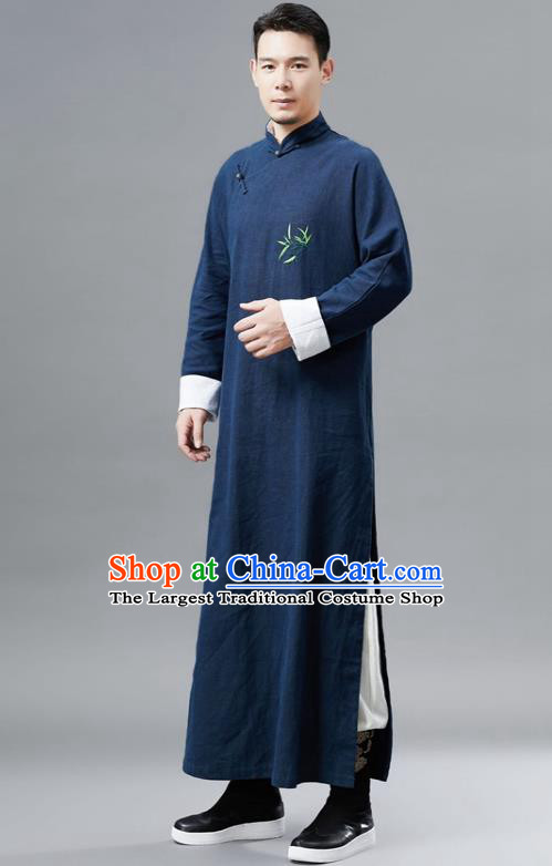 Chinese Traditional Costume Tang Suits Navy Robe National Mandarin Gown for Men
