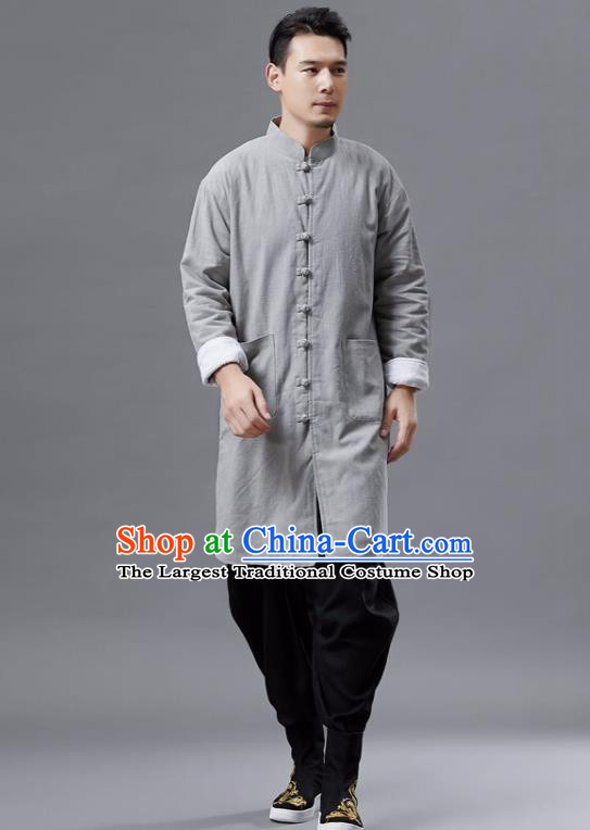 Chinese Traditional Costume Tang Suit Grey Shirts National Mandarin Gown for Men