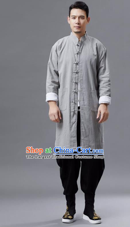 Chinese Traditional Costume Tang Suit Grey Shirts National Mandarin Gown for Men