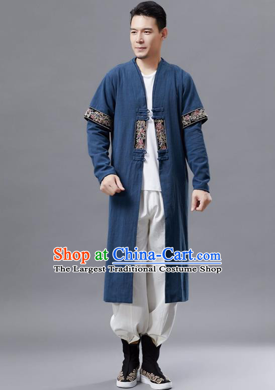 Chinese Traditional Costume Tang Suit Navy Dust Coat National Mandarin Gown for Men