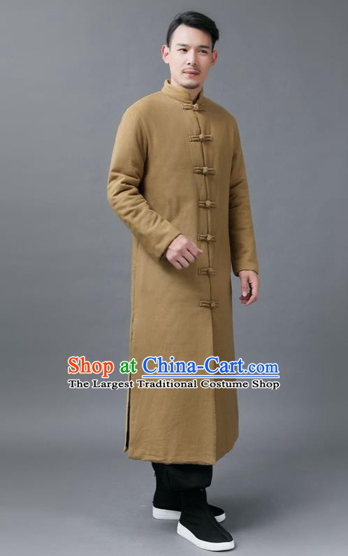 Chinese Traditional Costume Tang Suits National Mandarin Khaki Cotton Padded Long Coat for Men