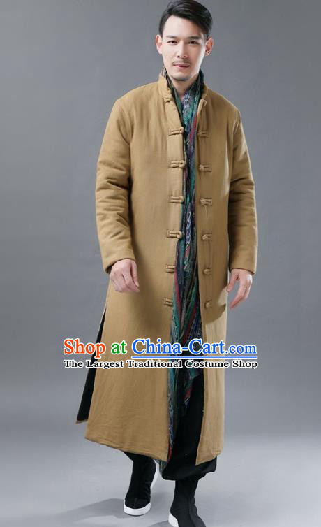 Chinese Traditional Costume Tang Suits National Mandarin Khaki Cotton Padded Long Coat for Men