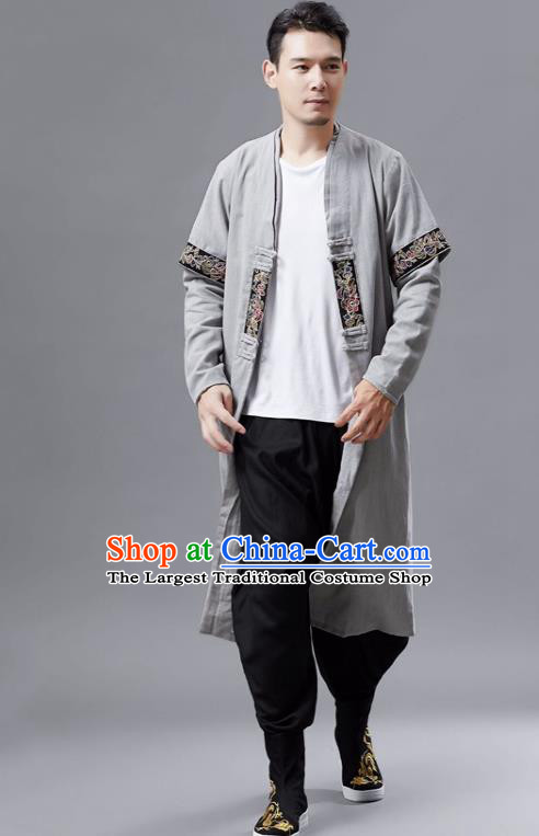 Chinese Traditional Costume Tang Suit Grey Dust Coat National Mandarin Gown for Men