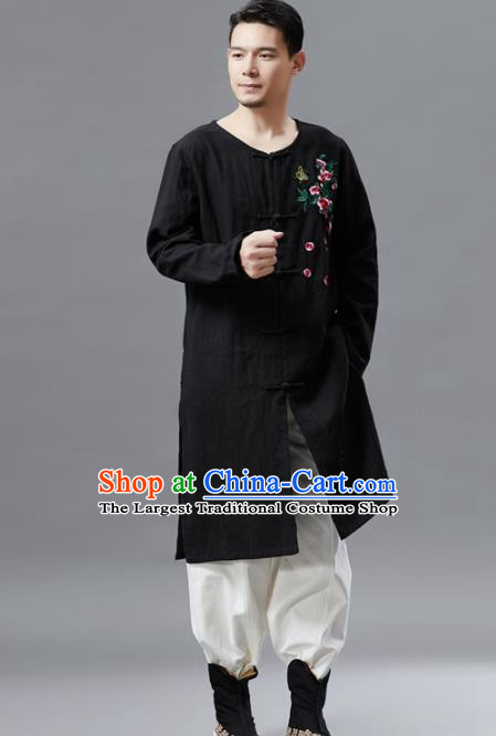 Chinese Traditional Costume Tang Suit Black Coat National Mandarin Gown Outer Garment for Men