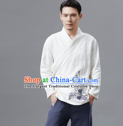 Chinese Traditional Costume Tang Suit White Shirts National Mandarin Outer Garment for Men