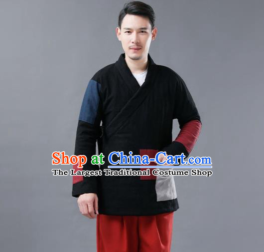 Chinese Traditional Costume Tang Suits Cotton Padded Jacket National Black Mandarin Shirt for Men