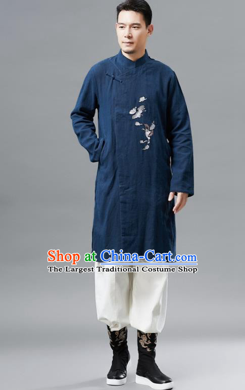 Chinese Traditional Costume Tang Suit Navy Gown National Mandarin Outer Garment for Men