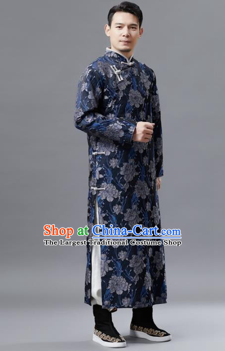Chinese Traditional Costume Tang Suit Navy Gown National Mandarin Robe for Men