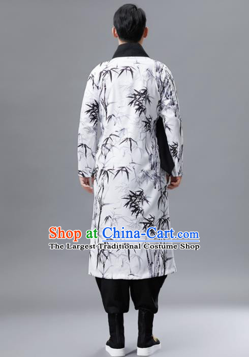 Chinese Traditional Costume Tang Suit Gown National Printing Bamboo White Mandarin Robe for Men