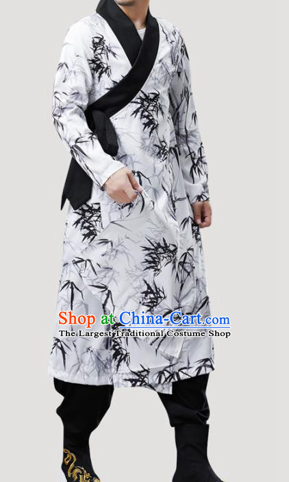 Chinese Traditional Costume Tang Suit Gown National Printing Bamboo White Mandarin Robe for Men
