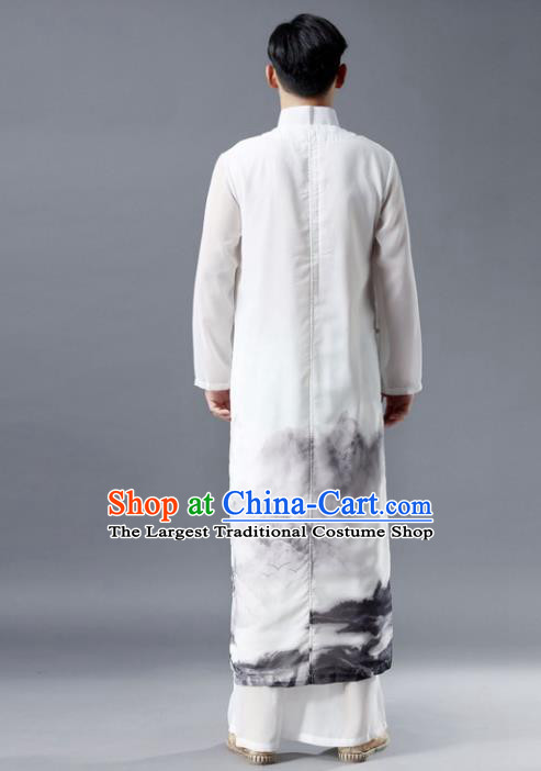 Chinese Traditional Costume Tang Suit White Robe National Mandarin Gown for Men