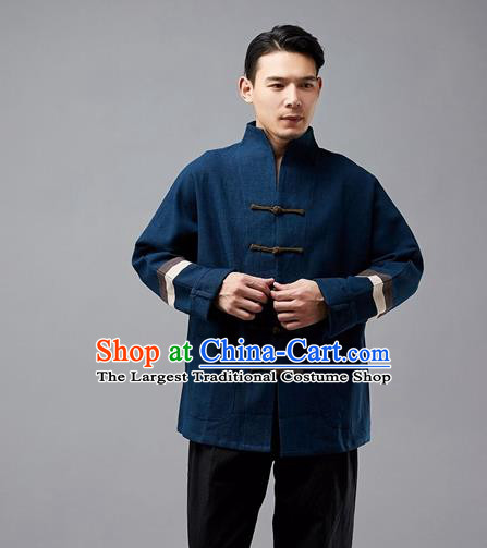 Chinese Traditional Costume Tang Suit Navy Overcoat National Mandarin Jacket for Men