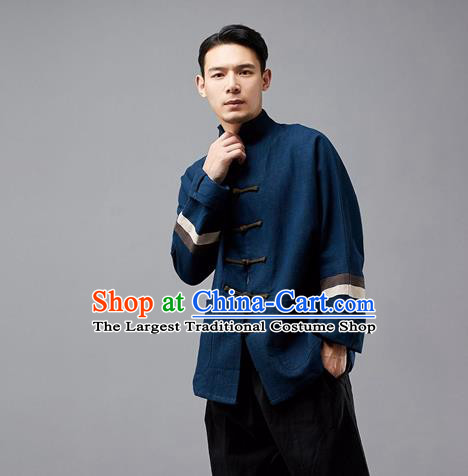 Chinese Traditional Costume Tang Suit Navy Overcoat National Mandarin Jacket for Men