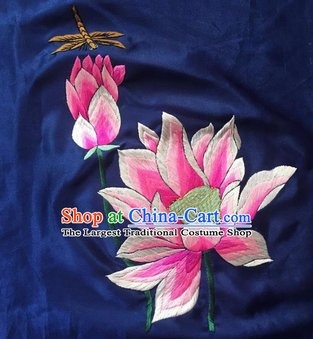 Chinese Traditional Embroidery Craft Embroidered Lotus Blue Silk Patches Handmade Embroidering Accessories