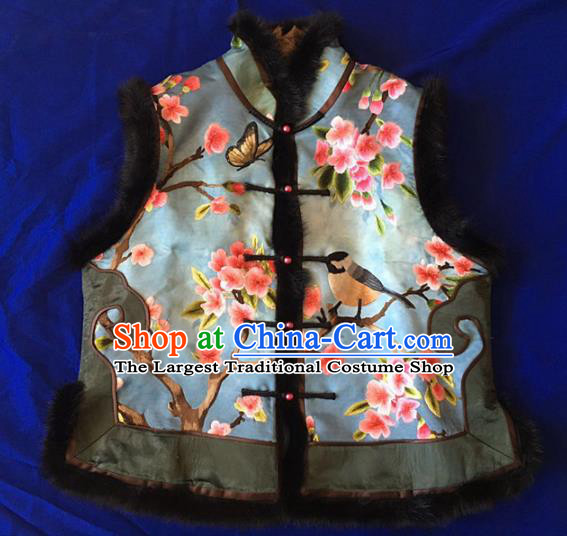 Chinese Traditional Costume Tang Suit Embroidered Blue Vest National Silk Waistcoat for Women