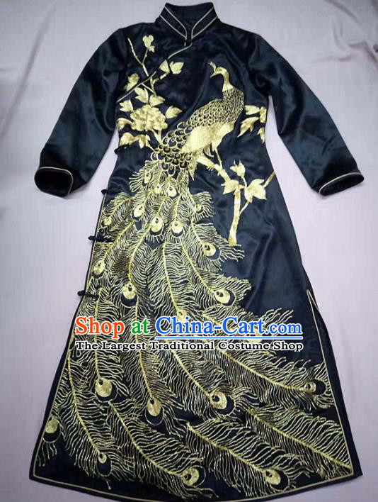 Chinese Traditional Costume Tang Suit Embroidered Cheongsam National Black Silk Qipao Dress for Women