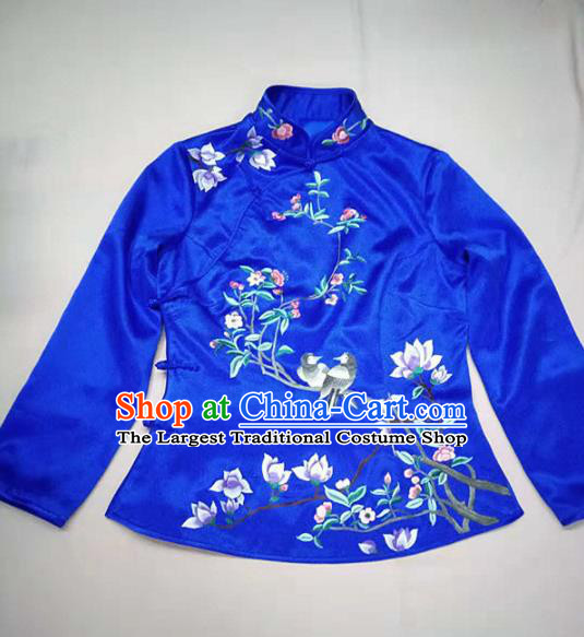 Chinese Traditional Costume Tang Suit Embroidered Blue Blouse National Silk Qipao Shirt for Women