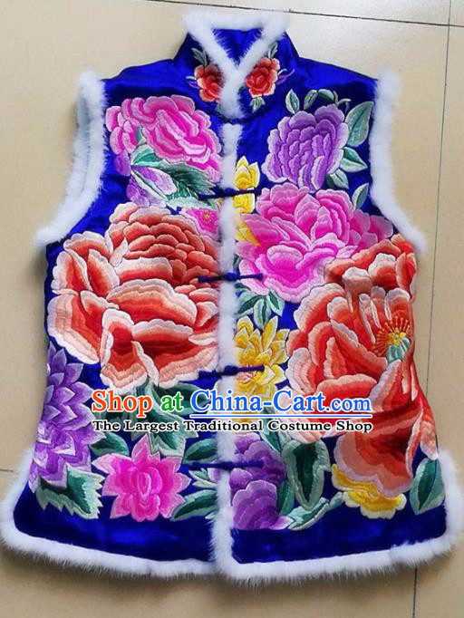 Chinese Traditional Costume Tang Suit Embroidered Peony Blue Vest National Silk Qipao Waistcoat for Women