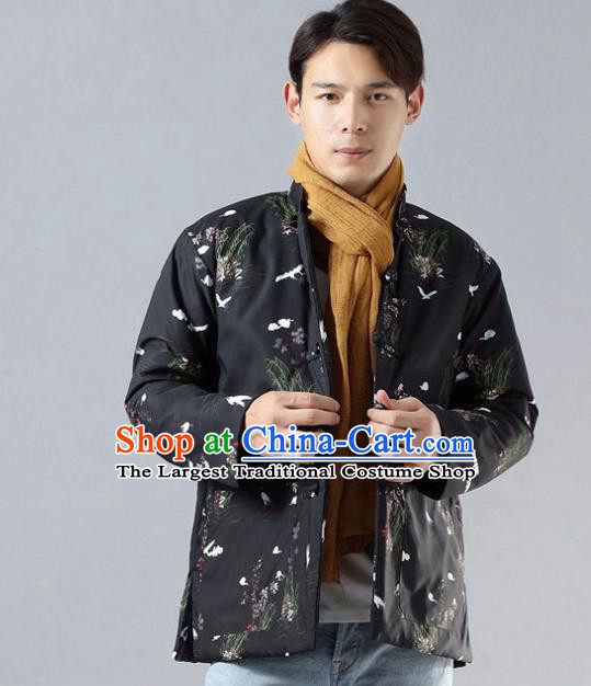 Chinese Traditional Costume Tang Suit Black Cotton Padded Jacket National Mandarin Overcoat for Men