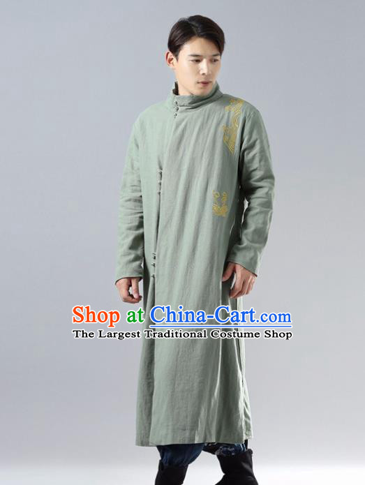 Chinese Traditional Costume Tang Suit Green Cotton Padded Robe National Mandarin Overcoat for Men