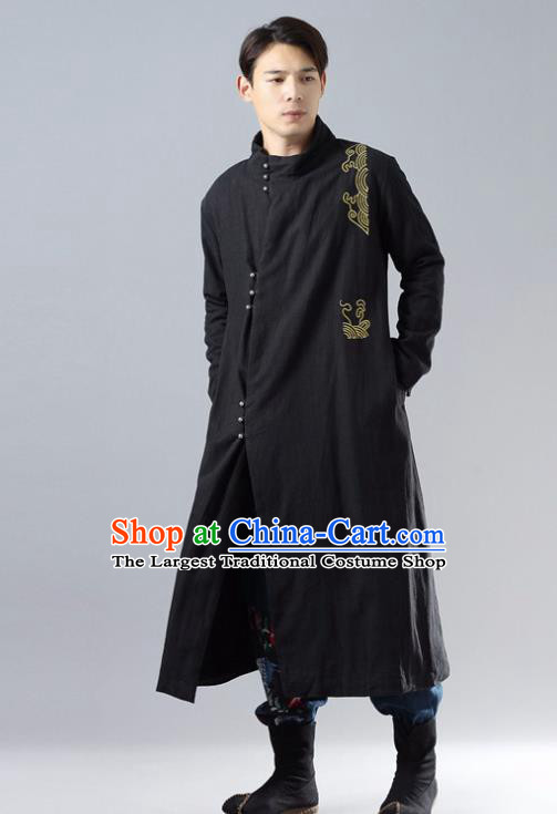 Chinese Traditional Costume Tang Suit Black Cotton Padded Robe National Mandarin Overcoat for Men