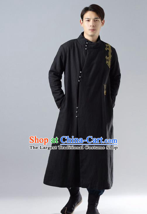 Chinese Traditional Costume Tang Suit Black Cotton Padded Robe National Mandarin Overcoat for Men