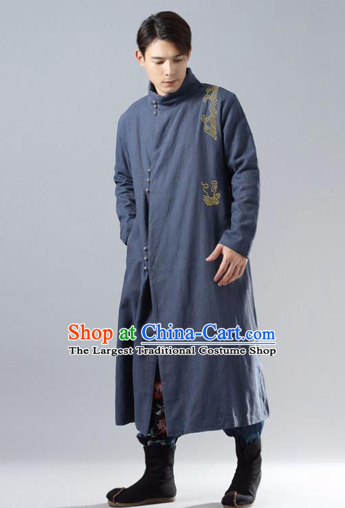 Chinese Traditional Costume Tang Suit Navy Cotton Padded Robe National Mandarin Overcoat for Men