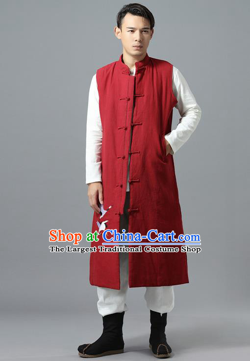 Chinese Traditional Costume Tang Suit Red Cotton Padded Vest National Mandarin Overcoat for Men