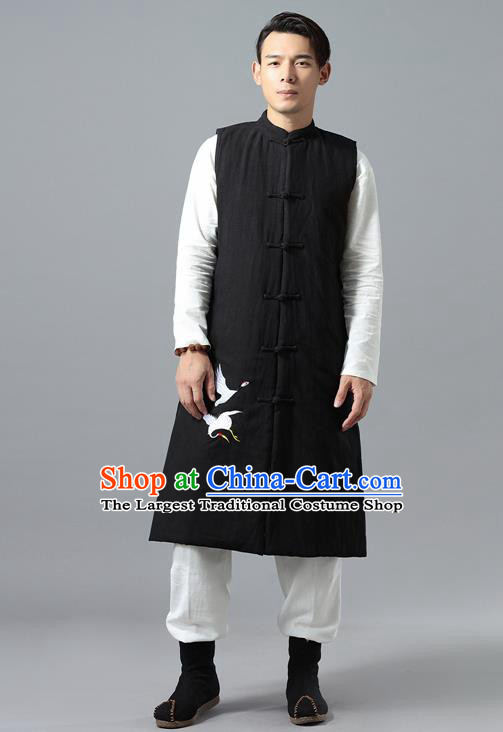 Chinese Traditional Costume Tang Suit Black Cotton Padded Vest National Mandarin Overcoat for Men