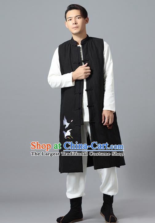Chinese Traditional Costume Tang Suit Black Cotton Padded Vest National Mandarin Overcoat for Men