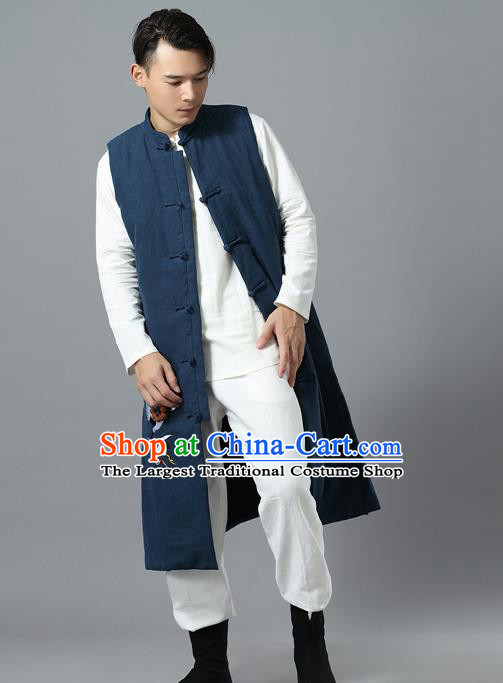 Chinese Traditional Costume Tang Suit Navy Cotton Padded Vest National Mandarin Overcoat for Men