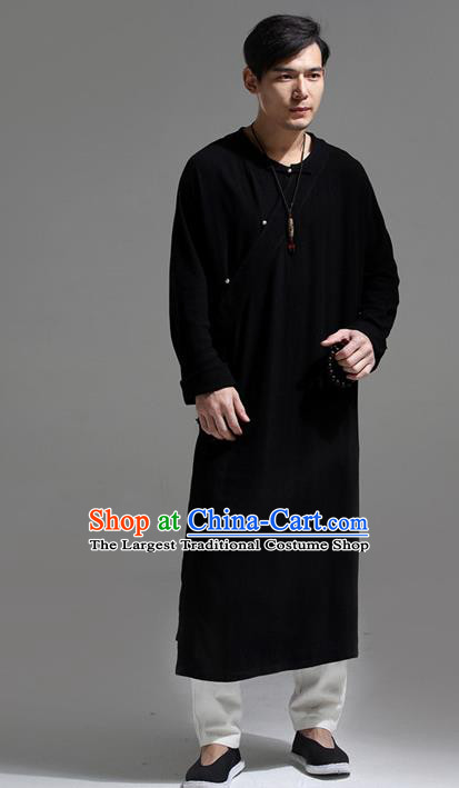 Chinese Traditional Costume Tang Suit Black Slant Opening Robe National Mandarin Overcoat for Men