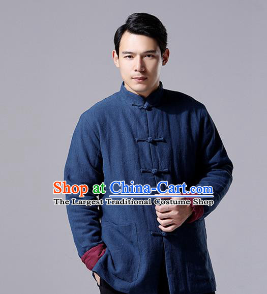 Chinese Traditional Costume Tang Suit Overcoat National Mandarin Navy Jacket for Men