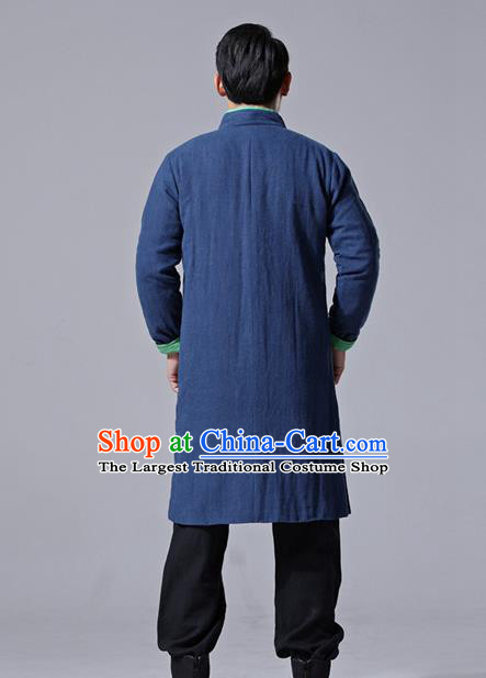 Chinese Traditional Costume Tang Suit Navy Overcoat National Mandarin Dust Coat for Men