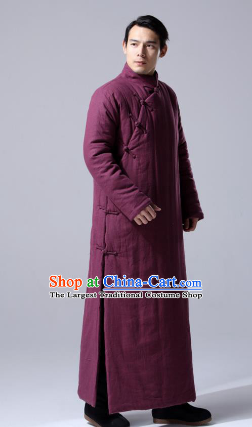 Chinese Traditional Costume Tang Suit Wine Red Cotton Wadded Robe National Mandarin Dust Coat for Men