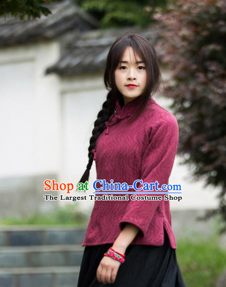 Chinese Traditional Costume Tang Suit Wine Red Shirts National Qipao Blouse for Women