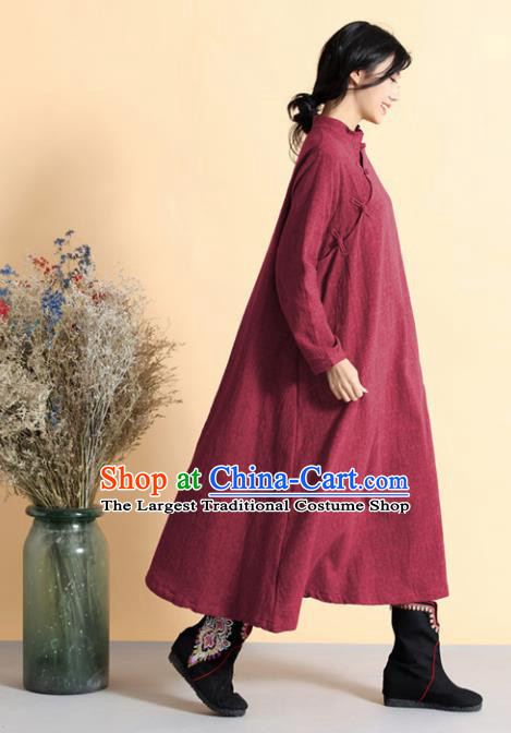 Chinese Traditional Costume Tang Suit Wine Red Cheongsam National Qipao Dress for Women