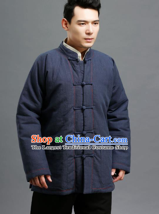 Chinese Traditional Costume Tang Suit Navy Overcoat National Mandarin Cotton Wadded Jacket for Men
